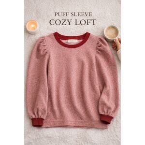 LOFT Puff Sleeve Sweatshirt Pink Heather Cozy Top Medium